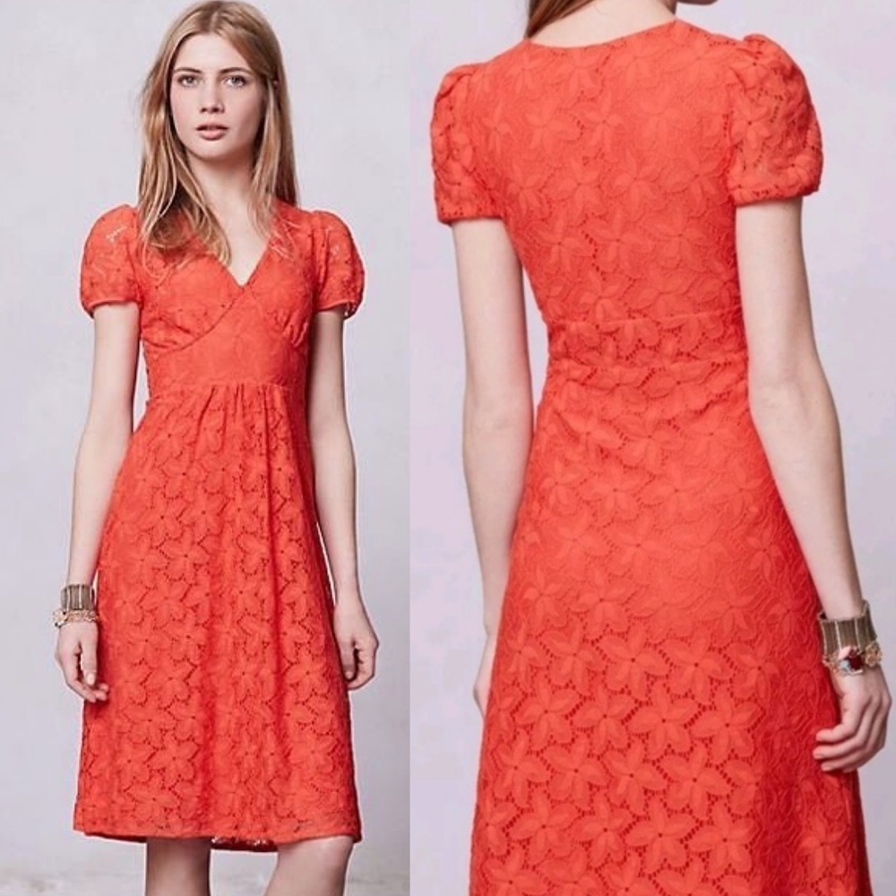Anthropologie Lace Short Sleeve Midi Dress Size Large Coral Orange Pink Boho L